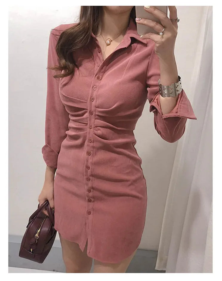 Dresses for Women French Retro Shirt Tight Bottoming Dress Female Autumn and Winter Slim Package Hip Single-breasted Pure Dress - Seprincess