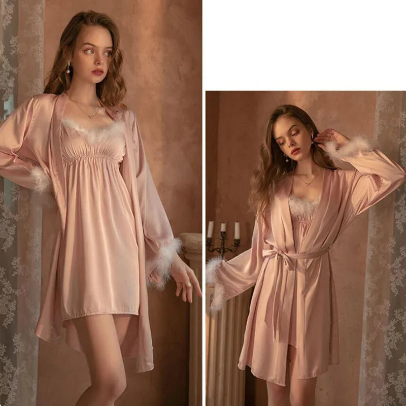 Nightgown With Robe To Set Silk Robes For Women With White Fur Sexy Lingerie Green Pink Color 2022 New Arrival Bathrobes FG423 - Seprincess