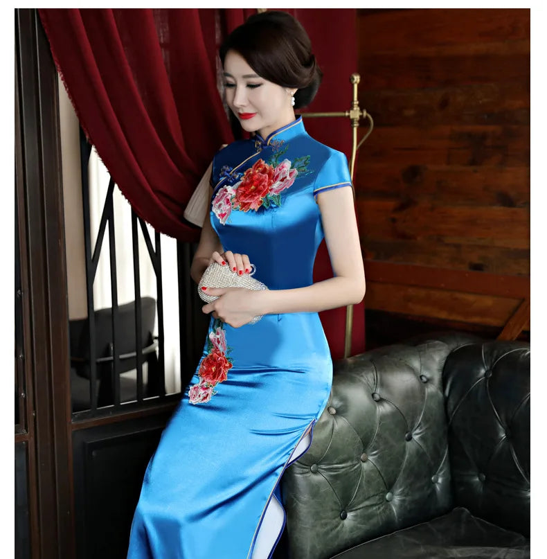 Classical Women Long Show Satin Chinese Dress Elegant Slim Embroidery Flower Qipao Cheongsam Retro Mandarin Collar Evening Gown