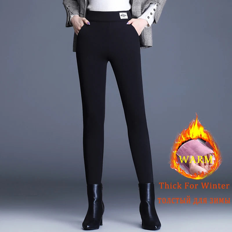 Thicken Women Black Stretch Pencil Pants Winter Plus Size Casual Slim Female Loose Female Warm Feleece Trousers Capris 5XL