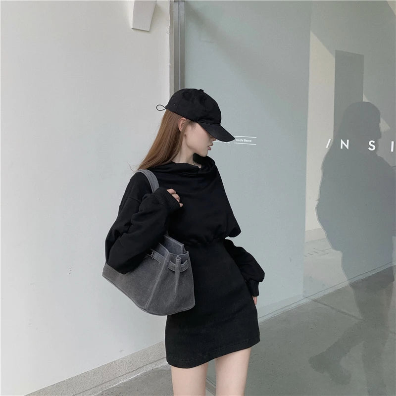 Hoodies Sweatshirt Knitted Dress Mini Black Long Sleeve Cotton Winter Vestido Corto Casual Korean Harajuku Fall 2020 Robe Femme - Seprincess