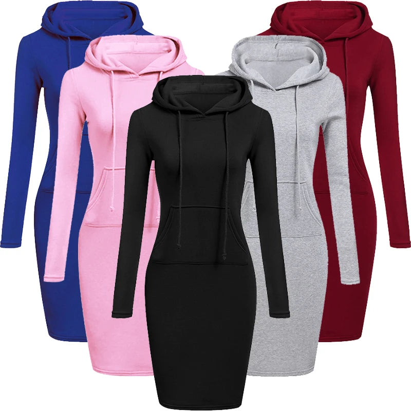 Women's Fashion Sweatshirt Dresses for Women Pocket Hooded Casual Dress Solid Color Long Sleeve Mini Dress - Seprincess