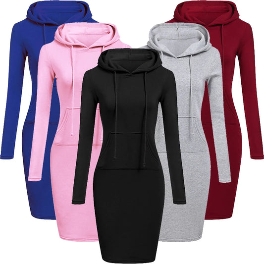 Women's Fashion Sweatshirt Dresses for Women Pocket Hooded Casual Dress Solid Color Long Sleeve Mini Dress - Seprincess