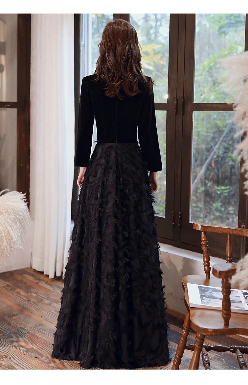 wei yin AE0349 Black Elegant Velvet Long Prom Evening Dresses 2024 Long Sleeves Lace Formal party Gowns Srobe de soiree - Seprincess