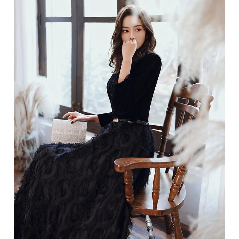 wei yin AE0349 Black Elegant Velvet Long Prom Evening Dresses 2024 Long Sleeves Lace Formal party Gowns Srobe de soiree - Seprincess