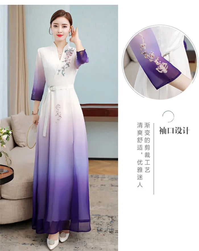 Top 2021 New Elegant Chinese Style V-Neck Slim Gradient Color Three-Quarter Sleeve Long Temperament Dress Qipao Lady Robes y1458