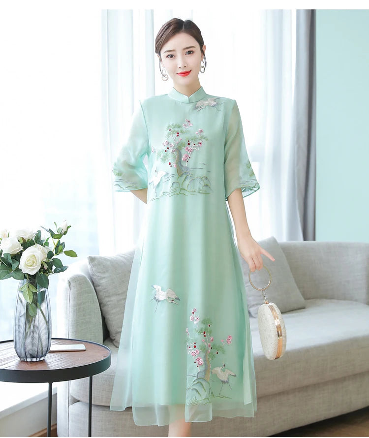 Chinese Styles Vintage Women Hanfu Midi Qipao Dresses China Traditional Elegant Cheongsam Tang Suit New Robe Orientale Clothing - Seprincess