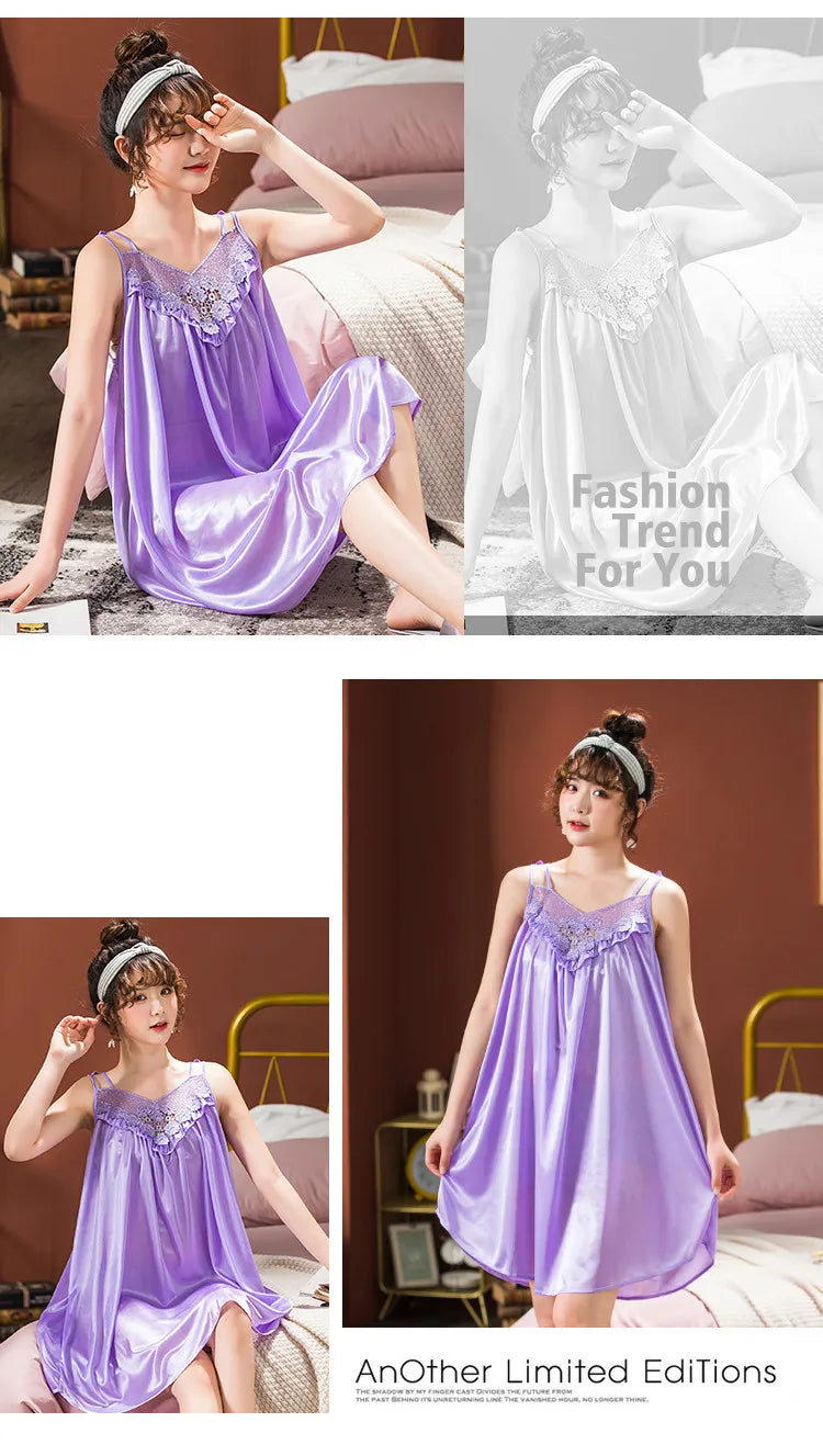 Ice Silk Nightgowns Sleeping Dress Women Summer Brides Wedding Silk Nightdress Female Nightie Sleepwear Bridesmaid Honeymoon