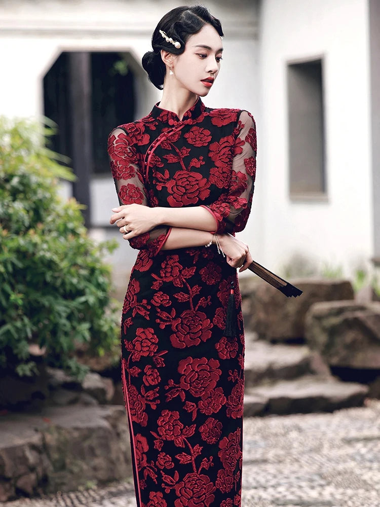 Chinese Style Women's Traditional Dress Retro Old Shanghai Style Long Cheongsam with 3/4 Sleeve Lace Summer Dress - Seprincess