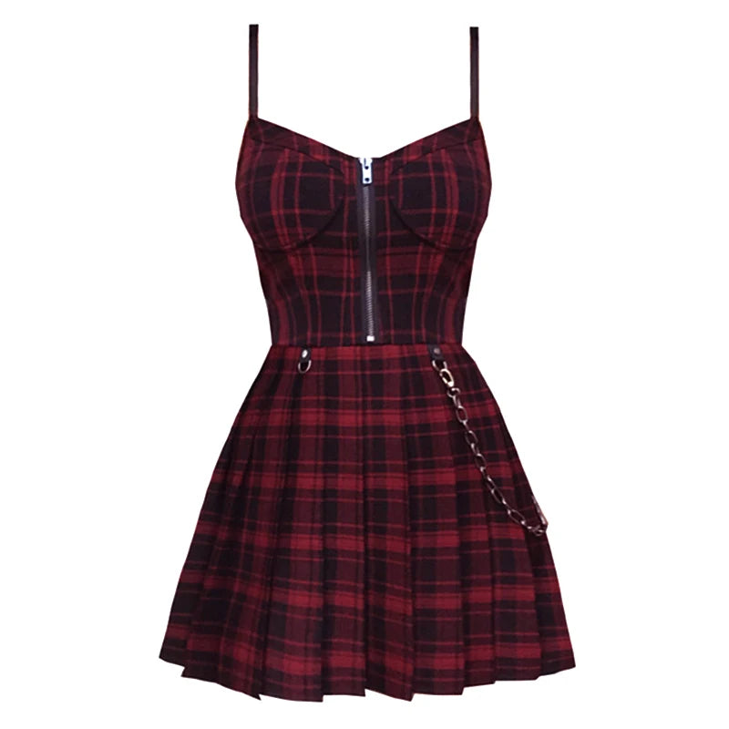 Gothic Girls Red Plaid Pleated Emo Alt Dress Y2K Zip Up Robe Femme Punk Black Spaghetti Strap Mini Short Jurken Goth Streetwear - Seprincess