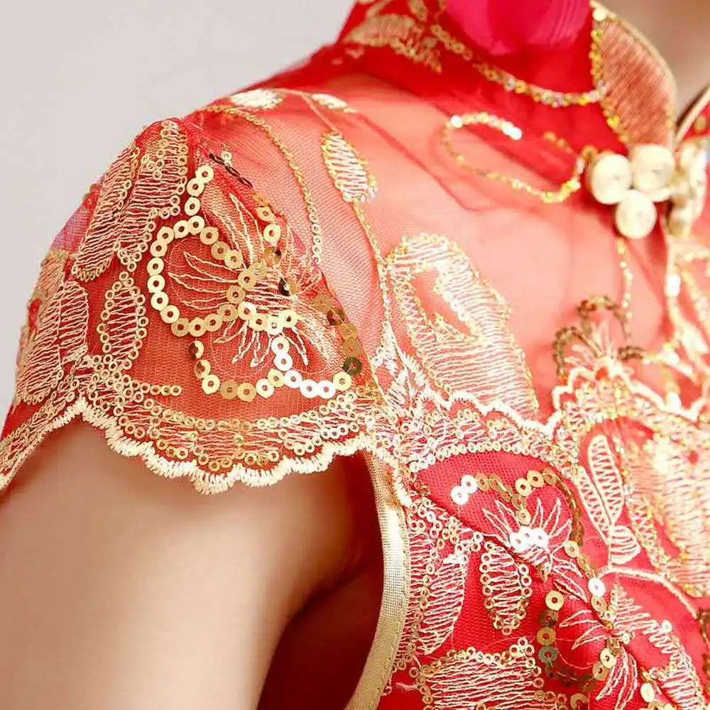 Female Long Short Sleeve Cheongsam Gold Sequin and Embroidery Chinese Traditional Dress Women Qipao Red Chinese Wedding Dress - Seprincess