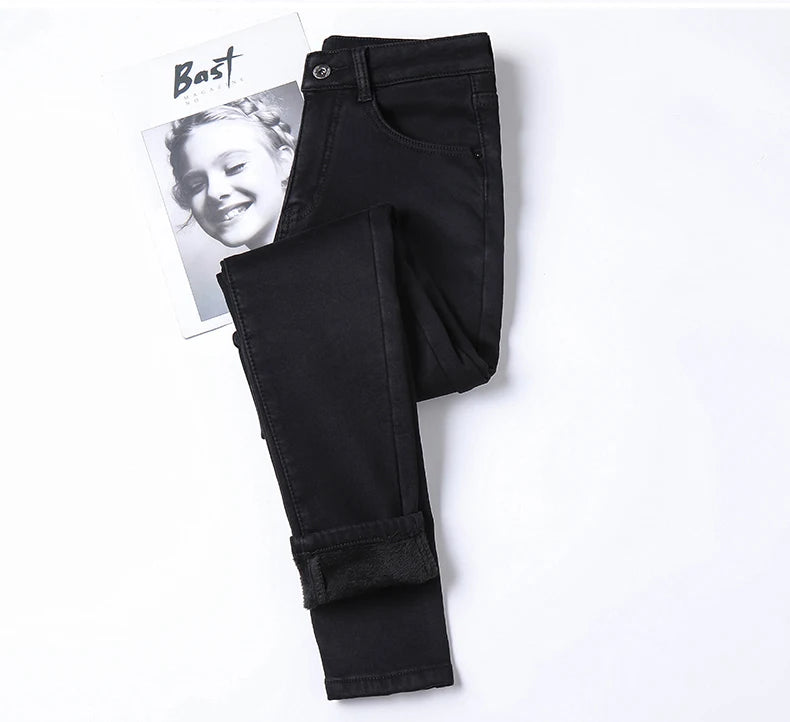 Winter Thick Women Warm Skinny Jeans Simple Stretch Velvet Fleece Female High Waist Denim Pencil Pants Clothes 36 38 40