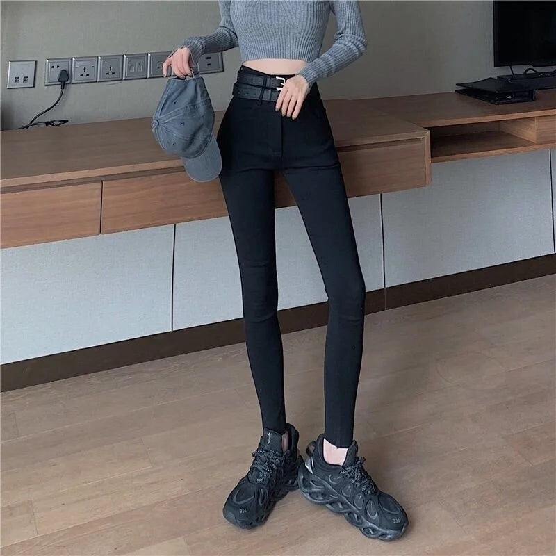 Woman Jeans Pants Black Ankle Tight Pencil Pants Autumn High Waist Tight Elastic Double Waist Head Pantalones Vaqueros Mujer