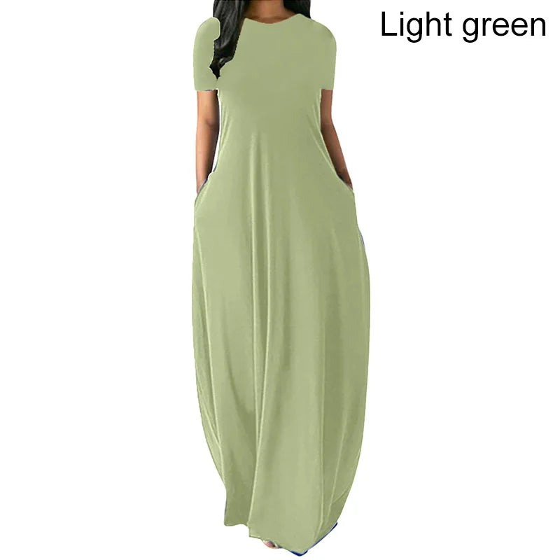 Women Oversize Casual Solid O-Neck Pockets Long Dress Summer Dress Female Plus Size Short Sleeve High Waist Maxi Dresses - Seprincess