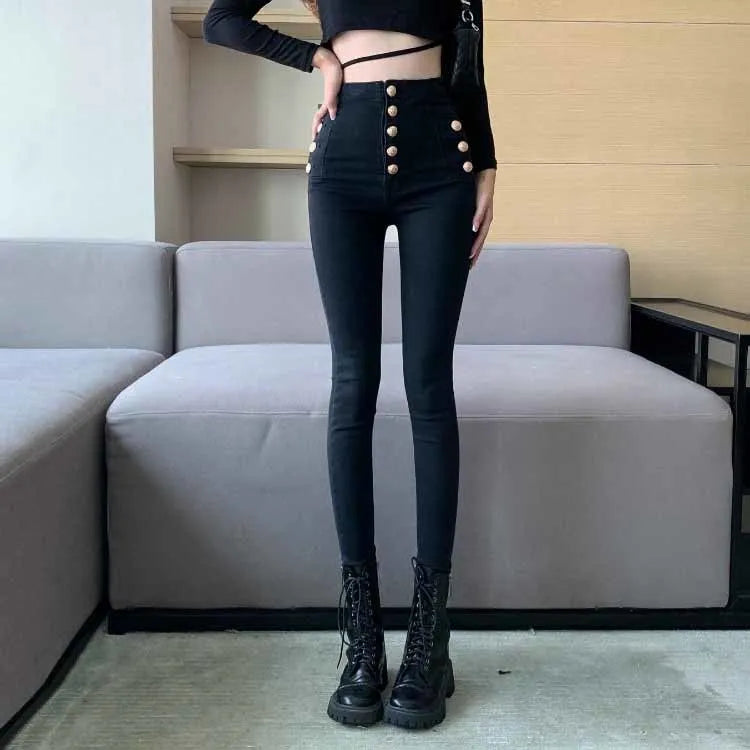 Spring Autumn Fashion High Waist Skinny Trousers Women's Casual Double Breasted Black Pencil Pants