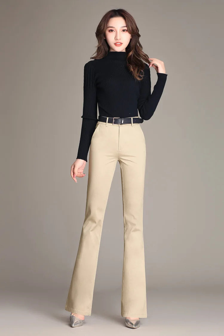 YUEY New Womens Spring Summer Trousers  Thin 100% Cotton Flared Pants Solid Color Casual Stretch S To 4XL Dropshiping