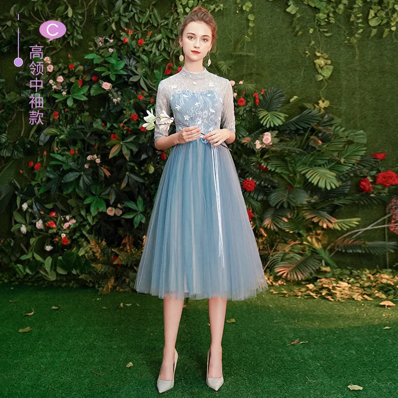 Gray Blue Bridesmaid Dresses For Women Elegant Half Sleeve Wedding Guest Dress Tulle Tea-Length Girl Vestido De Festa - Seprincess