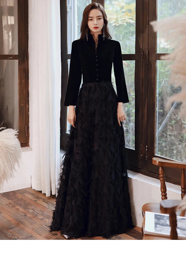 wei yin AE0349 Black Elegant Velvet Long Prom Evening Dresses 2024 Long Sleeves Lace Formal party Gowns Srobe de soiree - Seprincess