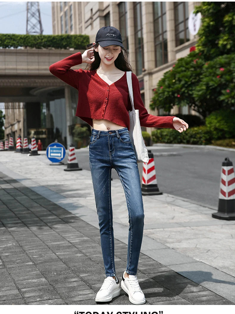 Clothes 26-40 winter women Colorful  velvet high waist jeans denim trousers stretch warm pencil pants thick skinny jeans