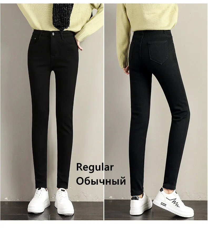 Women Stretch High Waist Skinny Warm Thick velvet Jeans Lady Mom Cotton Pants Student Winter Pencil Trousers clothes 38 40