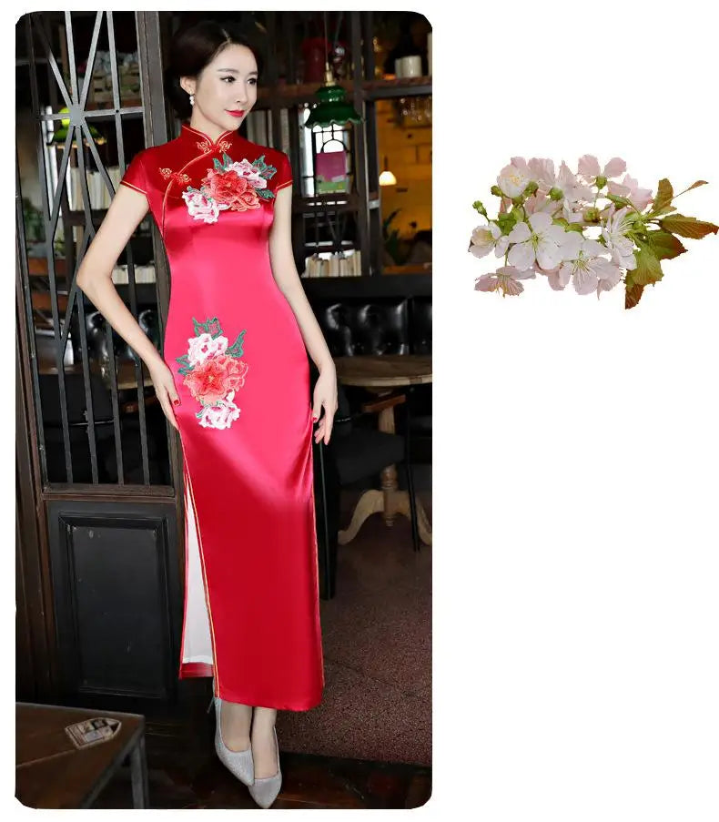 Classical Women Long Show Satin Chinese Dress Elegant Slim Embroidery Flower Qipao Cheongsam Retro Mandarin Collar Evening Gown - Seprincess