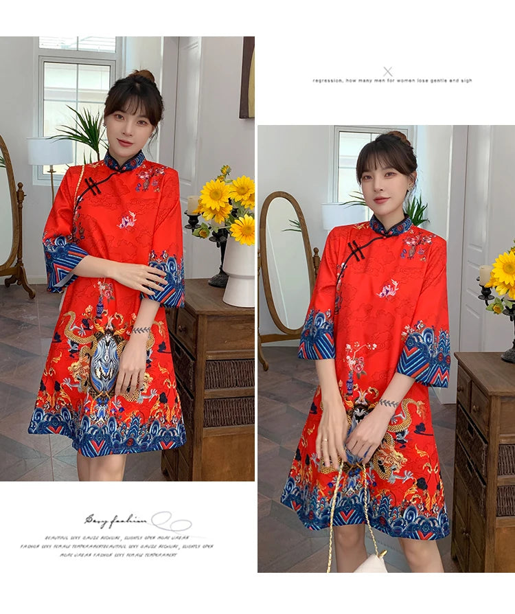 Ins Red Blue Loose 2021 New Fashion Modern Chinese Cheongsam A-line Dress Women 3/4 Sleeve Qipao Traditional Chinese Clothes - Seprincess