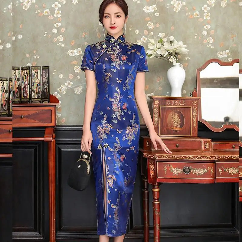 Summer New Women Sexy Cheongsam Elegant Vintage Mandarin Collar Chinese Dress Long Satin Flower Qipao Split Vestidso