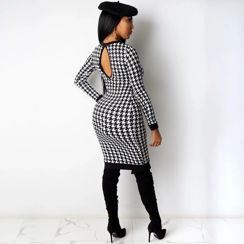 Houndstooth Print Women Long Sleeve Midi Dress Hollow Out Bodycon Sexy Streetwear 2022 Autumn Winter Club Elegant Slim - Seprincess