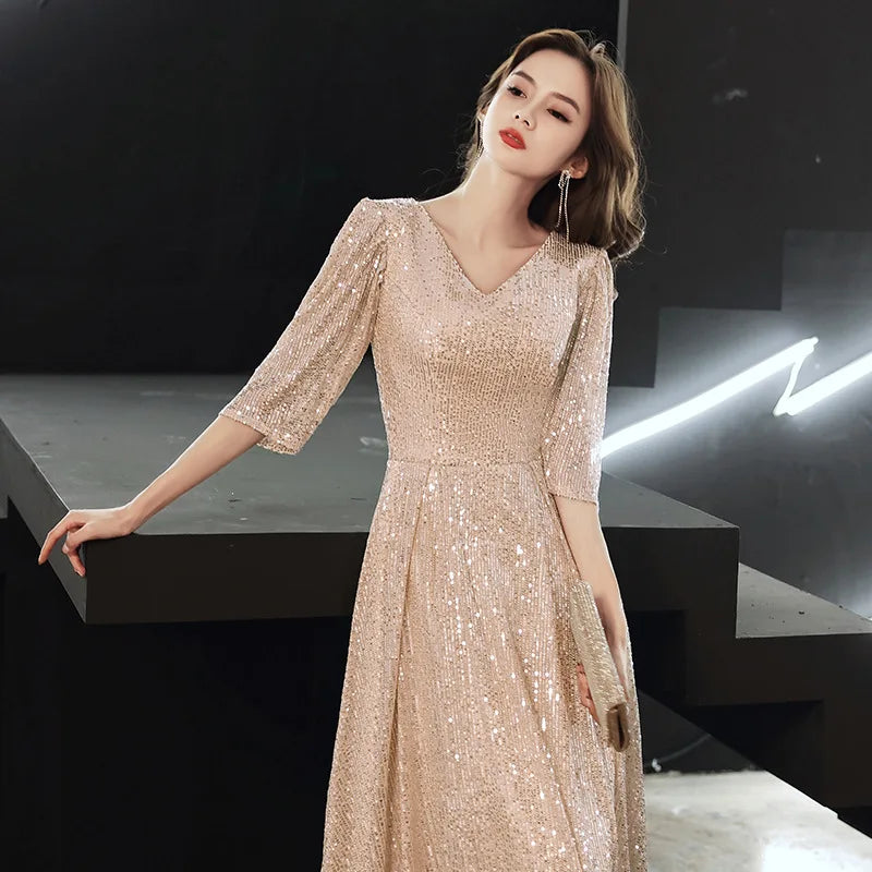 Women's Bridesmaid Dresses V-Neck Half Sleeve Elegant Celebrity Dress Floor-Length Sequined Appliques Gentle Party Gowns - Seprincess