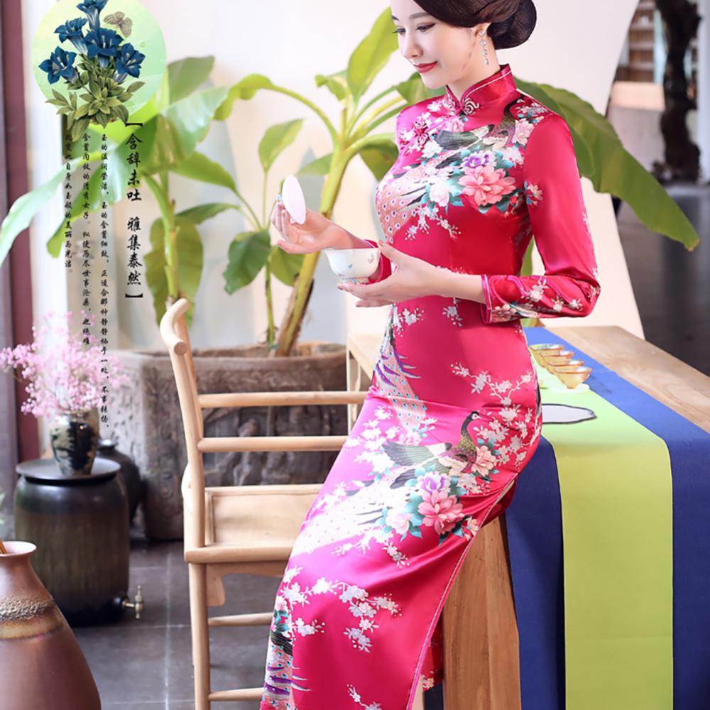 Women Chinese Traditional Dress Peacock Flower Print Long Split Bodycon Dress Cheongsam Stage Show Midi Slim Women Dress - Seprincess