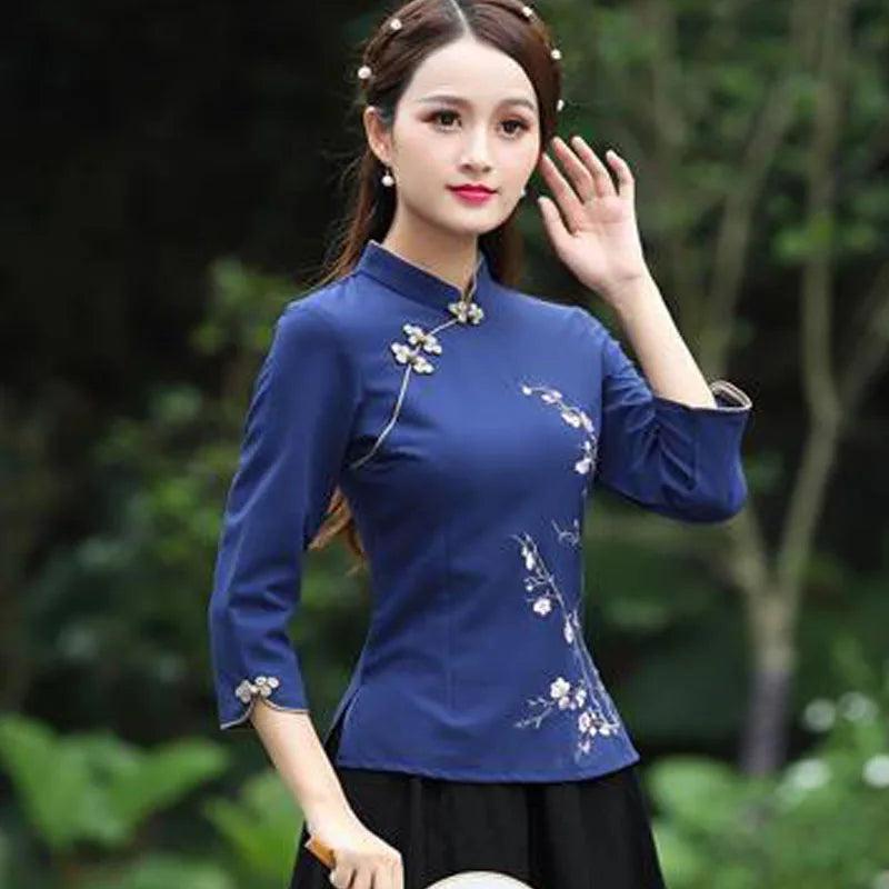 Cheongsam Women's Plus Size Tops 2024 Summer New Fashion Cotton Manual Embroidery Stand Collar Chinese Style Qipao Shirts Woman - Seprincess