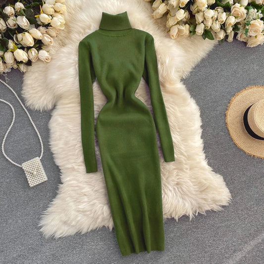 Dresses for Women 2022 Sexy Turtleneck Knitted Bodycon Dress Women Autumn Winter Long Sleeve Sweater Dress - Seprincess