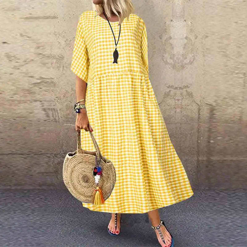 ZANZEA Women 2024 Summer Bohemian Maxi Dress Elegant Plaid Check Printed Robe Fashion Casual Holiday A Line Long Dress Oversize - Seprincess