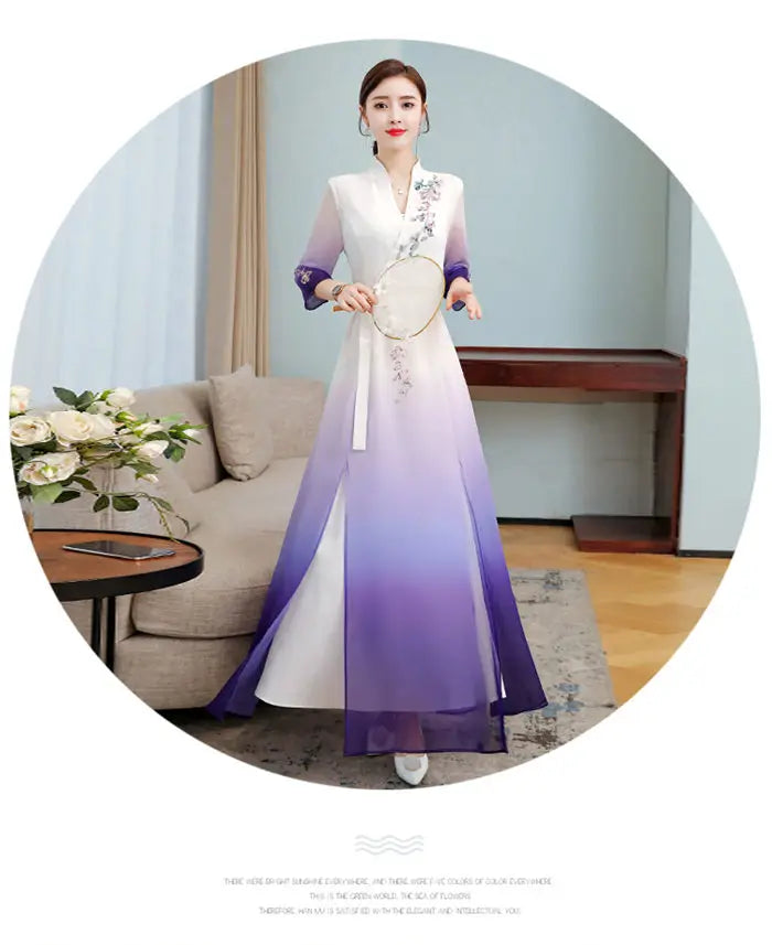 Top 2021 New Elegant Chinese Style V-Neck Slim Gradient Color Three-Quarter Sleeve Long Temperament Dress Qipao Lady Robes y1458