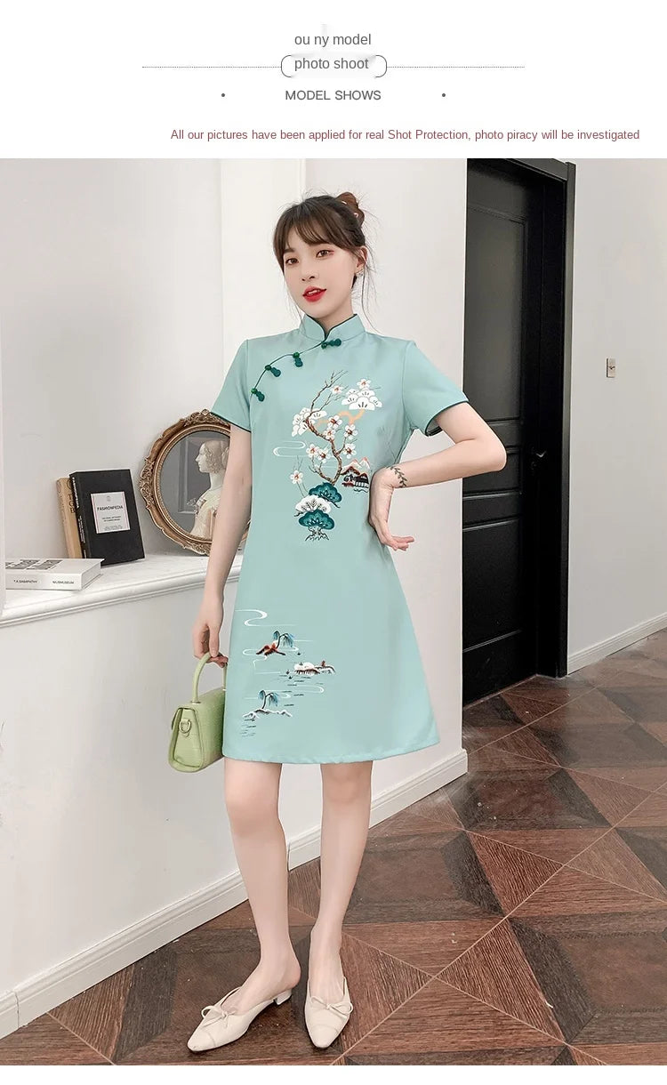 Plus Size M-4XL 2021 New Blue Loose Fashion Modern Cheongsam Dress Women Short Sleeve Qipao Traditional Chinese Style Clothes - Seprincess