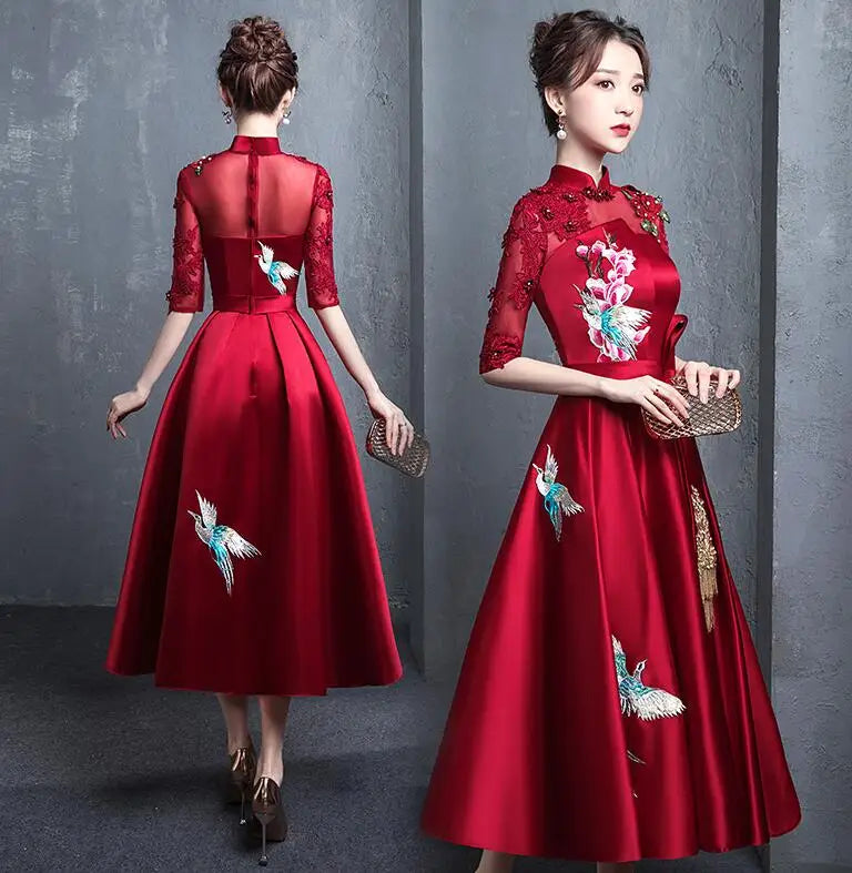 Buegundy Embroidery Oriental Style Banquet Dresses Chinese Vintage Traditional Wedding Cheongsam Elegant Evening Party Gowns - Seprincess