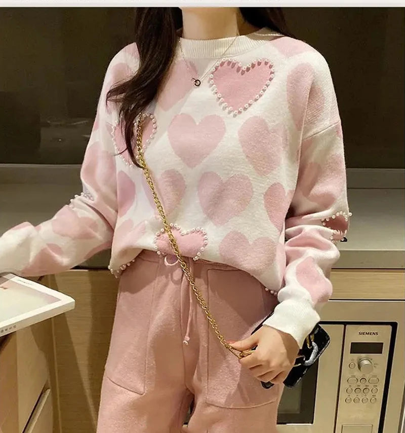 Love Printed Knit Two Peice Set Women Long Sleeve Sweater Pullover Tops Suits  Casual Jogger Pants Conjunto Knitwear Korean Sets - Seprincess