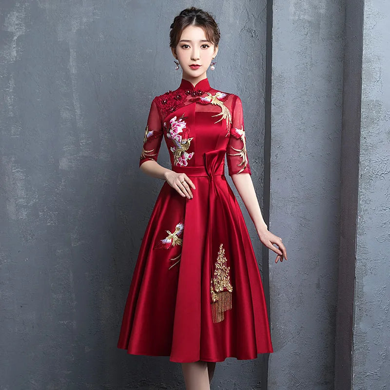 Buegundy Embroidery Oriental Style Banquet Dresses Chinese Vintage Traditional Wedding Cheongsam Elegant Evening Party Gowns - Seprincess