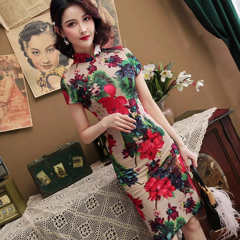 Black Red Nightingale Chinese Cheongsam Dress Stretch Cotton And Linen Chipao 5xl 4xl Sexy Traditional Vintage Qipao - Seprincess