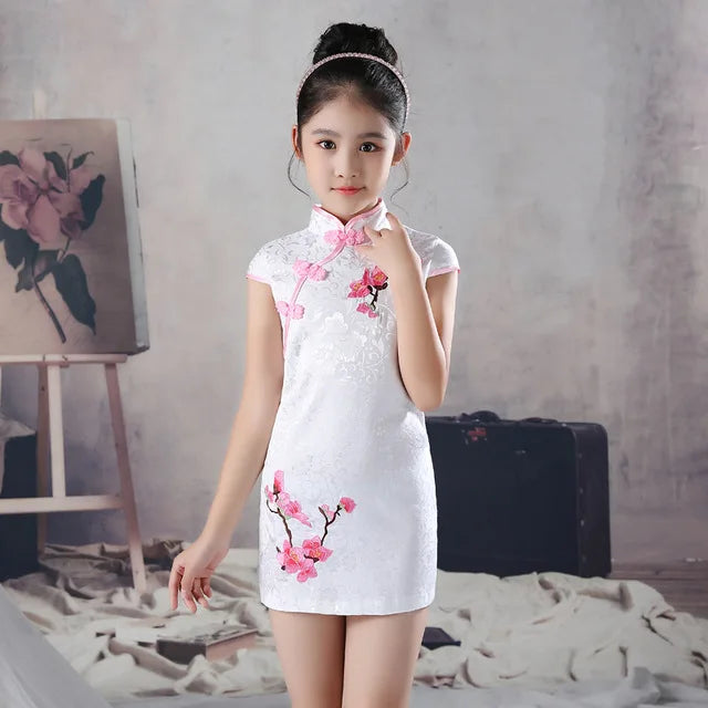 Summer Lovely Girls Short Sleeve Lace cheongsam Dress Cute Princess Girls Embroidery Dresses Kids Party Evening Wedding Dress - Seprincess