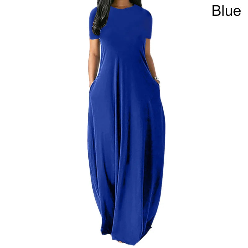 Women Oversize Casual Solid O-Neck Pockets Long Dress Summer Dress Female Plus Size Short Sleeve High Waist Maxi Dresses - Seprincess