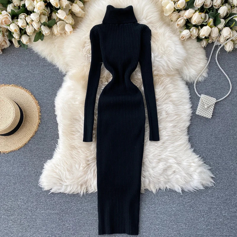 Dresses for Women 2022 Sexy Turtleneck Knitted Bodycon Dress Women Autumn Winter Long Sleeve Sweater Dress - Seprincess