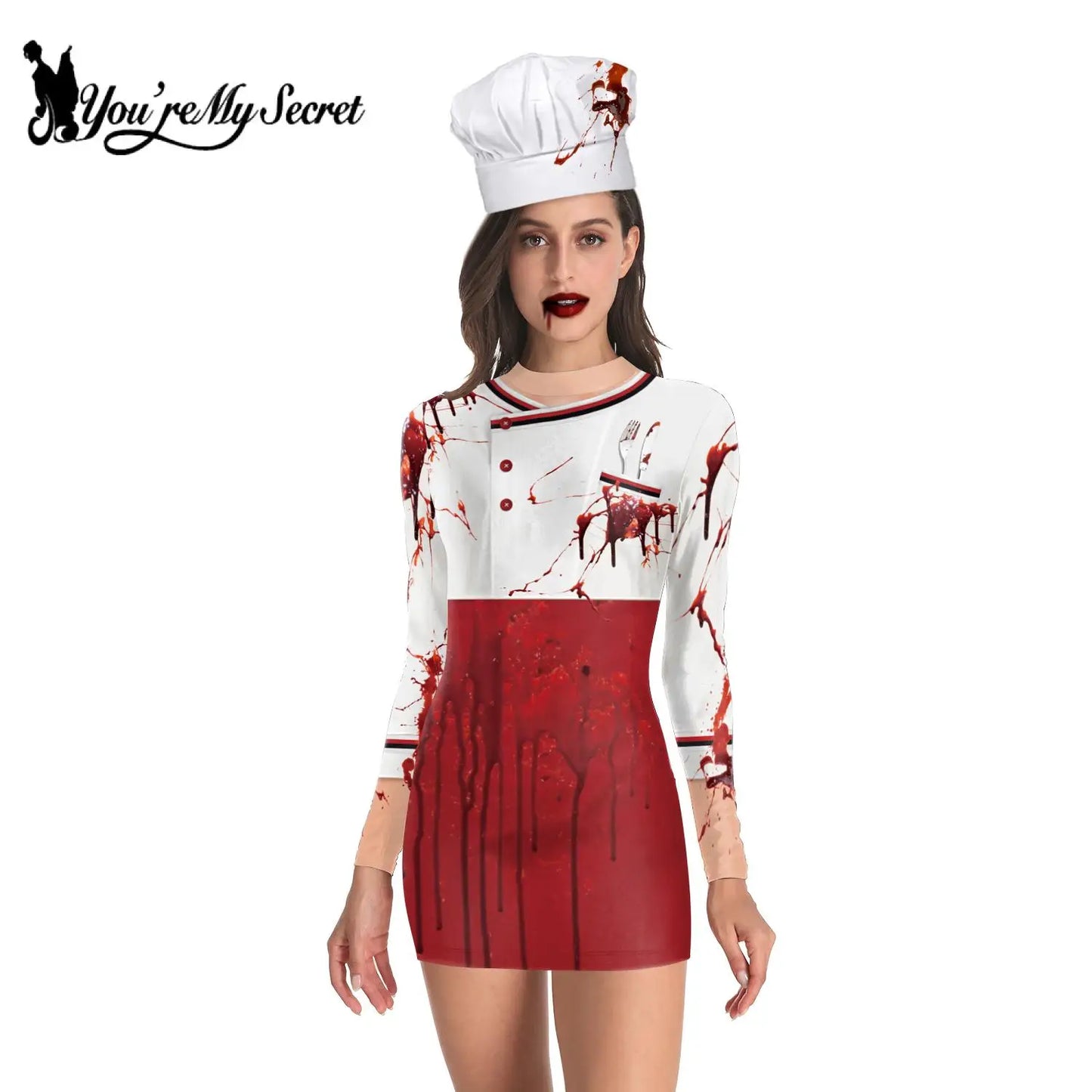 [You're My Secret] Women Cosplay Doctor Uniform Halloween Dress Slim Long Sleeve Scary Sexy Print Female Dress Streetwear Female - Seprincess