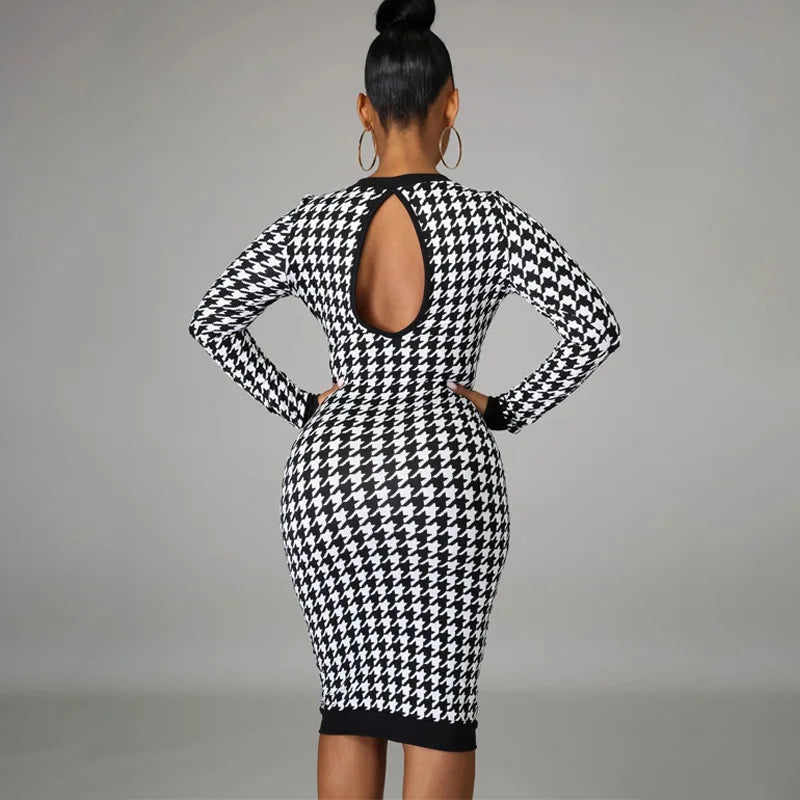 Houndstooth Print Women Long Sleeve Midi Dress Hollow Out Bodycon Sexy Streetwear 2022 Autumn Winter Club Elegant Slim - Seprincess