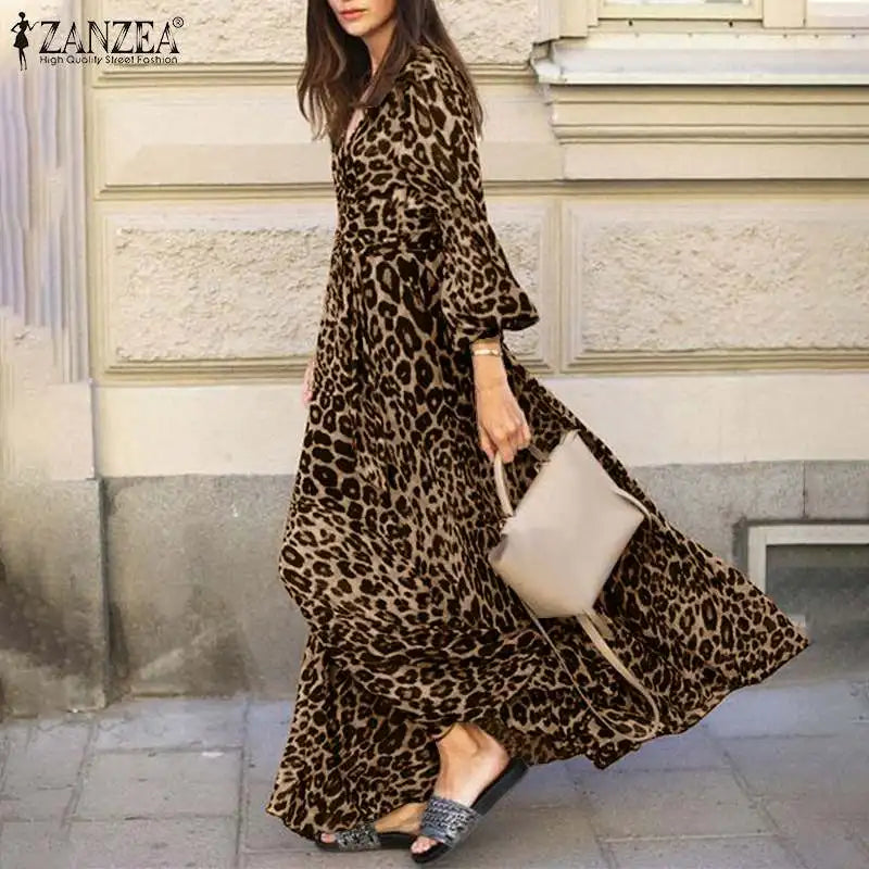 Vintage Women Long Sleeve Leopard Dresses ZANZEA Autumn Sundress Fashion Maxi Long Dress Party Vestidos Female V Neck Print Robe - Seprincess