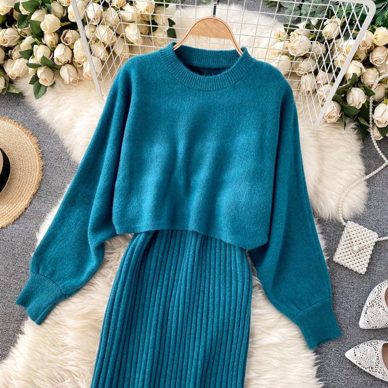 autumn Korean style clothes Two piece dress set Winter fall 2024 fashion women clothing new knitted knit long sleeves sweaters - Seprincess