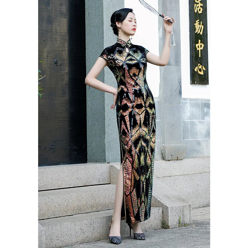 Oversize 4XL Velour Sequin Flower Cheongsam Women Slim Velvet Qipao Elegant Evening Party Dress Short Sleeve Vestidos - Seprincess