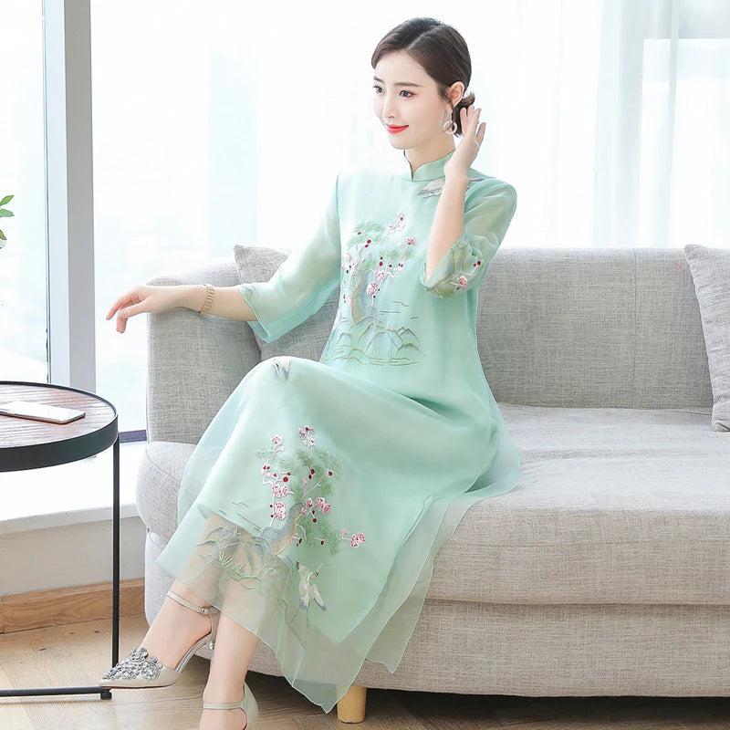 Chinese Styles Vintage Women Hanfu Midi Qipao Dresses China Traditional Elegant Cheongsam Tang Suit New Robe Orientale Clothing - Seprincess