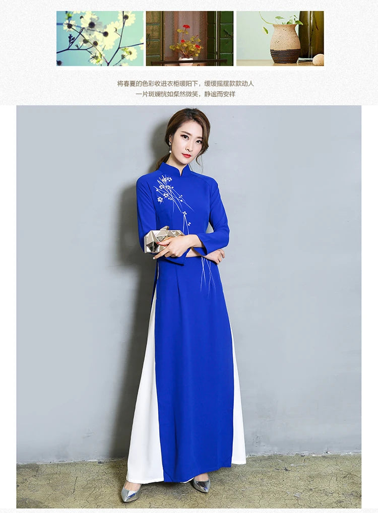 Vietnam Ao Dai Patchwork Tight Dress for Woman Chinese Traditional Costumes Qipao Cheongsams Flower Female Oriental Outfits - Seprincess