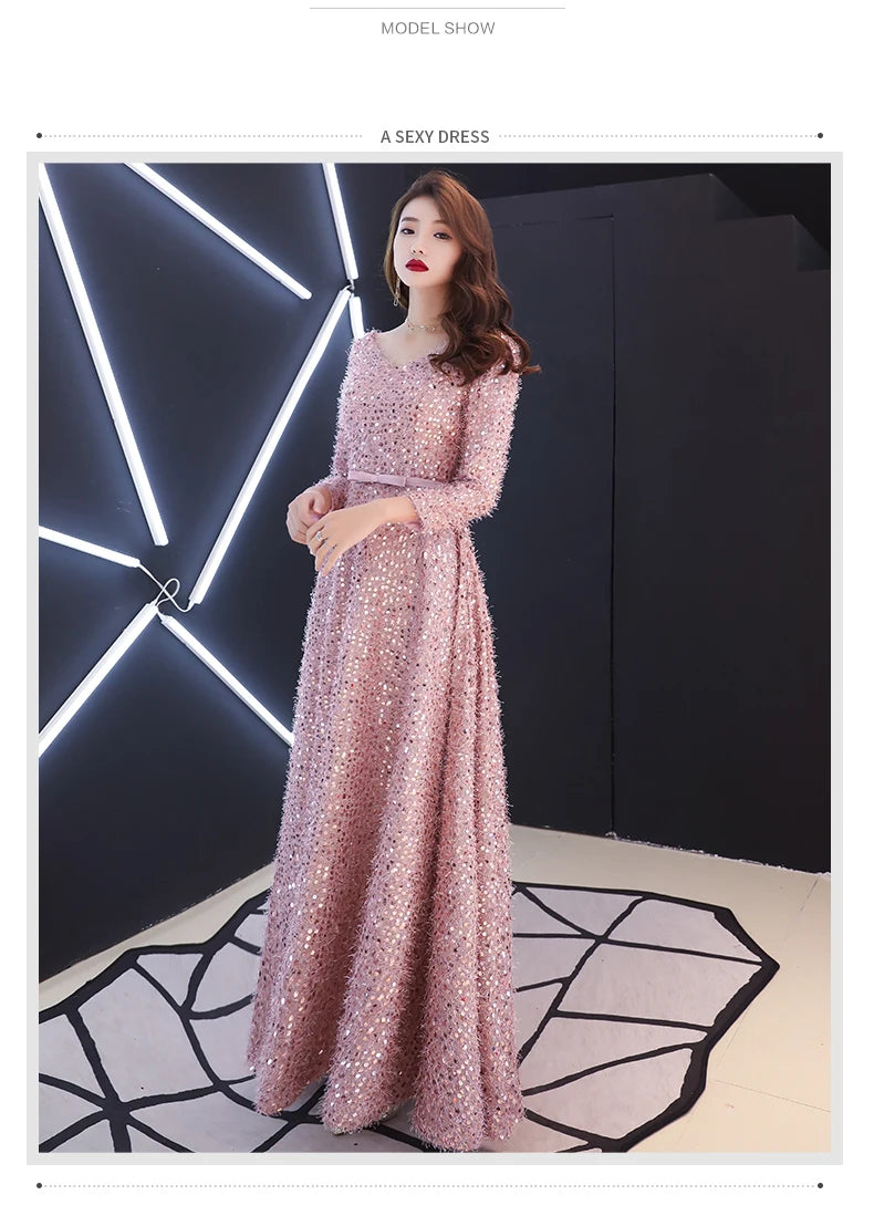 2021 Elegant Pink Feathers Long Evening Dress with Long-sleeve Shiny Sequin Lace Up Floor-Length Formal Gowns New Party Dresses - Seprincess